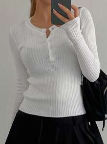 DAZY Women's Solid Color Minimalist Daily Wear Knitted Sweater, Long Sleeve Fall - White - View 2