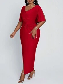 Fleurora Robe de fête de Noël Robe longue élégante slim d'été fendue avec un twist rose rouge pour les femmes de grande taille - Rouge - Voir 4