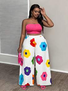 Slaydiva Pantalon décontracté d'été imprimé fleuri coloré pour femmes, grande taille, à jambes larges imprimées partout pour vacances - Blanc - Voir 3