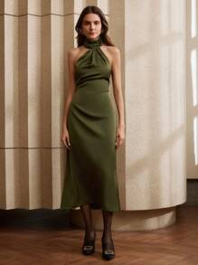 Anewsta Women Green Pleated Halter Dress With Sophisticated Urban Style Maxi Women Outfit - Green - View 6