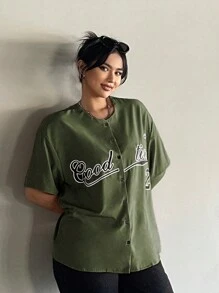 Flirla 大码前扣字母印花休闲夏季衬衫 - 軍綠色 - 查看 6