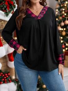EMERY ROSE Plus Size Plaid Patchwork Front Button V-Neck Long Sleeve Casual Fall Blouse - Black - View 1