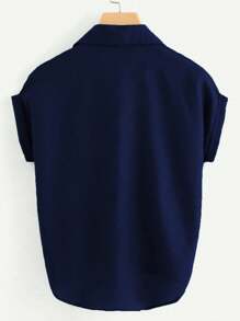 Franclia Solid Color Front Button Casual Short Sleeve Shirt, Summer,Short Sleeve Tops - Navy Blue - View 2