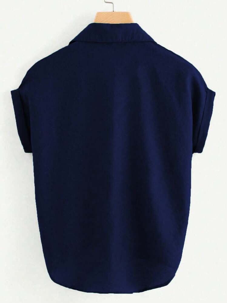 Franclia Camisa casual de manga corta con botones frontales de unicolor, tops de manga corta de verano - Azul Marino - Añade 2