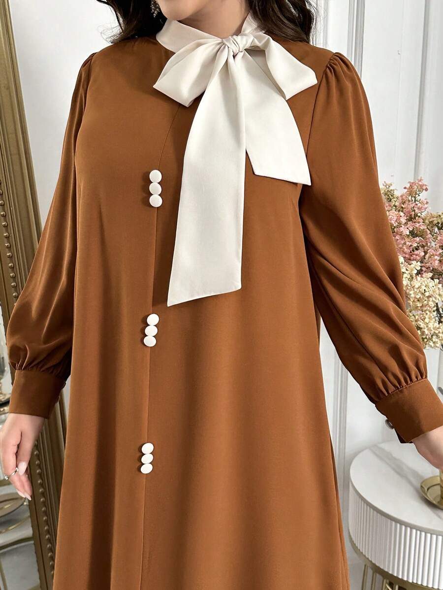 Al Najma Plus Size Dames Strik Hals Lange Mouw Knoop Decor Jurk, Arabische Stijl, Kaftan Jalabiya Jurk Voor Avondfeesten/Bruiloftsgasten