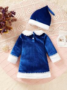Baby Girls' Casual Solid Color Long Sleeve Dress - Blue - View 2