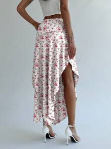 Aloruh Young Women's Romantic Floral Print Low Waist Slit Flare Hem Solid Color Pleated Long Skirt - Multicolor - View 4