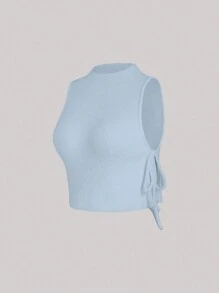 SHEIN Unity Women's Solid Color Simple Sleeveless Tie Side Crop Knitted Top - Blue - View 3