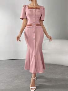 Modelyn Women's Square Neck Ruffle Trim Button Down Fitted Elegant Dress - Pink - View 3