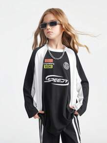 Coolane Kids 青少年女孩秋季学院风街头运动服 Blockcore 足球超大 T 恤，适合返校季 - 黑與白 - 查看 3