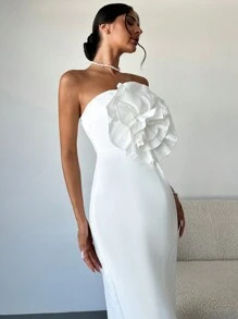 SHEIN Privé Vestido de fiesta de media pantorrilla elegante y delgado con cintura de 3D flores para mujer - Blanco - Ver 2