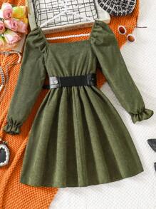 女童灯芯绒长袖方领连衣裙，优雅秋季服装配腰带 - 墨綠色 - 查看 2