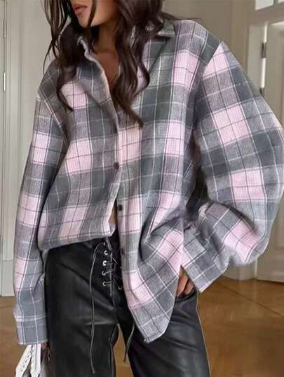 INAWLY Women's Loose Fit Plaid Drop Shoulder Long Sleeve Casual Blouse, Spring/Autumn Women Shirt