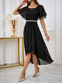 SHEIN Belle Vestido formal de unicolor con encaje de contraste de bajo a alto, vestido de cóctel elegante para fiesta de graduación, boda o invitada