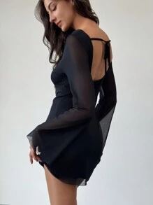 Aloruh Women'd Mesh Black Bell Sleeve Tie Backless Mini Dress, Date Night Dress