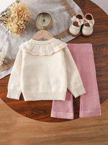 SHEIN 2pcs Baby Girls Fall & Winter Sweater Set - Ruffled Collar Cardigan And Flared Pants, Cute & Elegant - Apricot - View 2