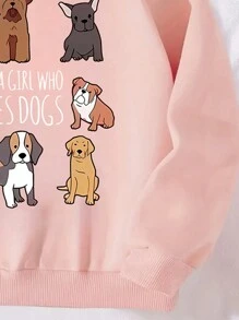 Young Girl Casual Cute Cartoon Puppy & Letter Print Basic Crew Neck Sweatshirt