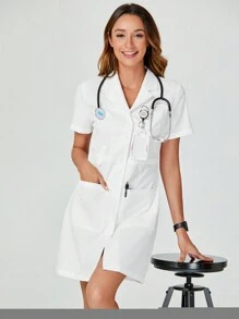 TaskEZ Scrubs For Women, Short Sleeve White Dress In Soft Brushed Twill Laboratory Coat, Short Sleeve Scrubs Uniform Nurse Scrubs
