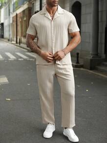 Manfinity Homme 2pcs/Set Plus Size Men Solid Color Shirt Khaki + Khaki Pants - Khaki - View 5