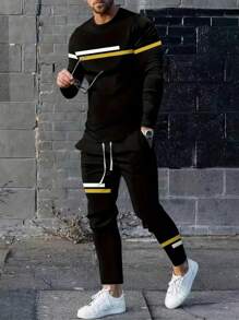 Men's Stripe Round Neck Long Sleeve T-Shirt And Drawstring Waist Casual Pants Set, Spring & Summer - Black - View 1