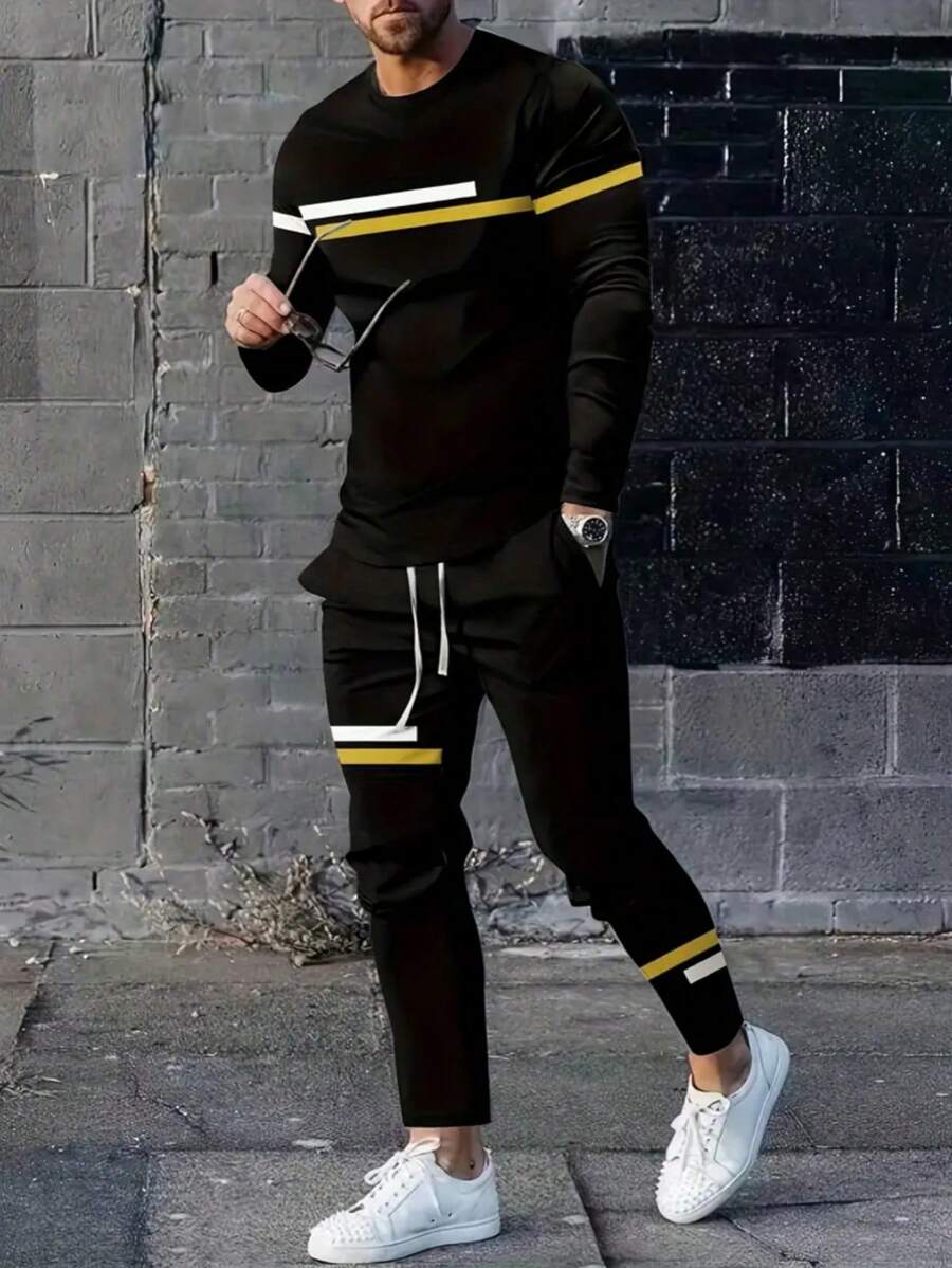 Men's Stripe Round Neck Long Sleeve T-Shirt And Drawstring Waist Casual Pants Set, Spring & Summer - Black - View 1
