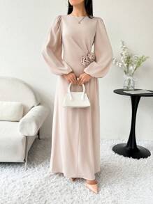 Modelyn Women's Solid Color Crewneck Applique Elegant Long Sleeve Arabian Dress Long Evening Dresses
