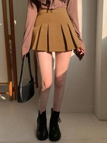 DAZY Women's Casual Solid Color Pleated Mini Skirt, Spring & Summer - Brown - View 3