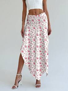 Aloruh Young Women's Romantic Floral Print Low Waist Slit Flare Hem Solid Color Pleated Long Skirt - Multicolor - View 1