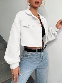 SHEIN EZwear Spring Autumn Casual Short Corduroy Jacket - White - View 3