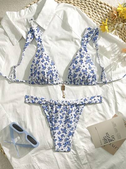 Swim Mod 1set Women's Random Print With Tie Shoulder Bikini Top & Cheeky Bottoms Swimwear Summer