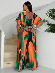 Maweii Plus Size Women's Summer Vacation Full Print V-Neck Batwing Sleeve Loose Wide Leg Jumpsuit