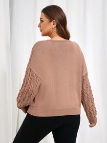 SHEIN Frenchy Suéter de manga larga con cuello de ojo de cerradura de tela texturizada para talla grande - Caqui - Ver 4