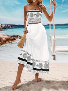 Breezaya 2pcs Women Vintage Style Bandeau Top And Skirt Set (Random Print)
