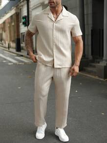 Manfinity Homme 2pcs/Set Plus Size Men Solid Color Shirt Khaki + Khaki Pants - Khaki - View 4