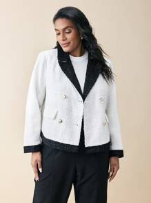 BizChic Plus Size Elegant Bi-Color Knitted Blend Blazer Jacket - White - View 6