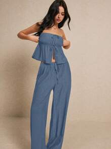 Poéselle Summer  Fashion Linen Two-Piece Set, Chest Is Top Chest Slit Lacing + Wide Leg Trousers Linen Two-Piece Set, Wear Comfortable And Breathable, Suitable For Commuting Holiday Home Wear Casual Solid Color Strapless Crop Top And Long Pants Set With Slit