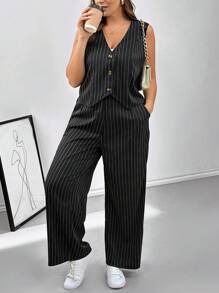 SHEIN Essnce 2pcs Plus Size Women Black & White Striped Suit Set In Fall/Winter - Black and White - View 5