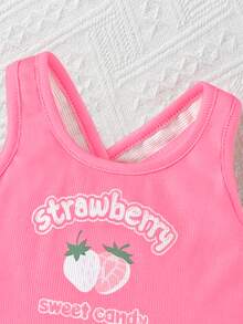 Débardeur décontracté pour bébé fille blanc/rose/fuchsia à rayures et imprimé lettre & fraise - Multicolore - Voir 3