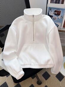 SHEIN Teen Girl's Outfits White Drop Shoulder Zip Half Placket Crop Sweatshirt,In Fall/Winter - White - View 6