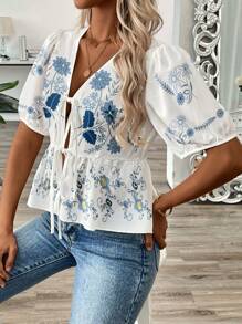 SHEIN LUNE Women's Floral Print V-Neck Tie-Up Splice Short Cardigan Shirt, Summer Peplum Top - Baby Blue - View 6