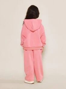 SUMWON طقم قطعتين من سترة كابوت وبنطلون واسع الساق للبنات الصغيرات للحياة اليومية مع طباعة أمامية - وردي - مشاهدة 2