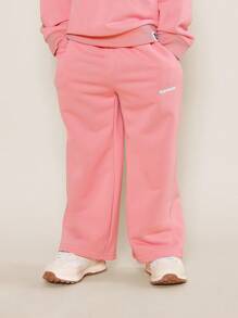 SUMWON طقم قطعتين من سترة كابوت وبنطلون واسع الساق للبنات الصغيرات للحياة اليومية مع طباعة أمامية - وردي - مشاهدة 4