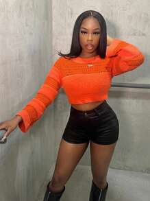 Zolique New Fashion Orange Sexy Bodycon Fluffy Striped Hollow-Out Sweater For Women Knit Pullover Fall Winter Outfit