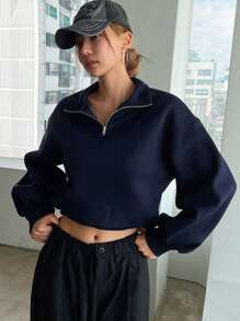 DAZY Sudadera con capucha de unicolor con cremallera y cordón en el bajo, ropa de otoño - Azul Marino - Ver 5