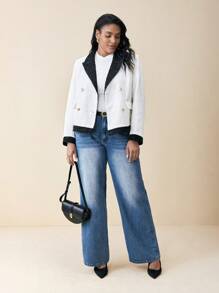 BizChic Plus Size Elegant Bi-Color Knitted Blend Blazer Jacket - White - View 4