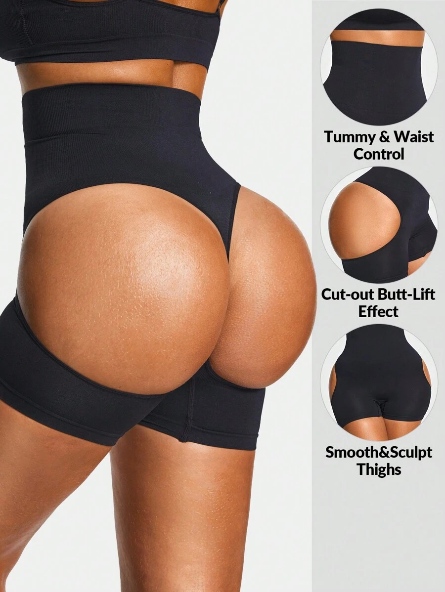 SHAPORA Pantalones cortos de control de figura con cintura alta y diseño calado de unicolor para mujer - Negro - Ver 1