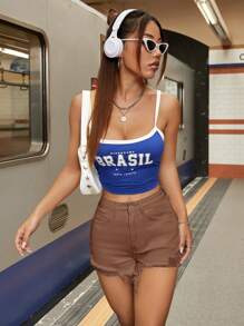 SHEIN PETITE Short de mezclilla unicolor, simple y casual para mujer - Marrón Mocha - Ver 6