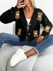 EURMUSE BEAR EMBRODERY DETAIL CARDIGAN - Black - View 1