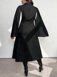 SHEIN Clasi Plus Size Women's Solid Color Simple Everyday Cape Sleeve Knitted Coat - Black - View 6