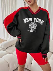 SHEIN SXY Casual Oversized Fleeced Pullover Hoodie With American Style Graphic Print, Warm For Autumn & Winter
